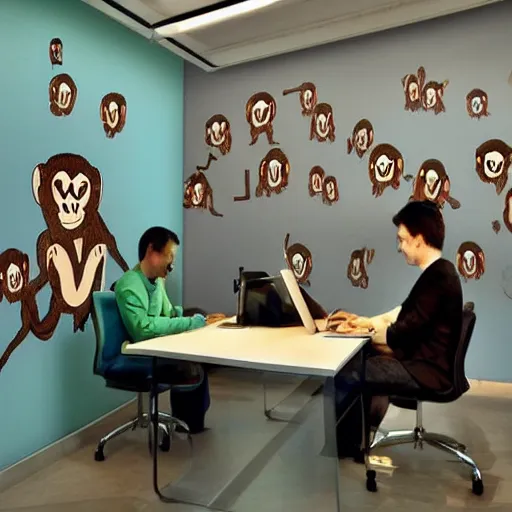 Image similar to 2 5 monkeys using computers, in a well lit office, happy monkey faces, modern paintings on the walls