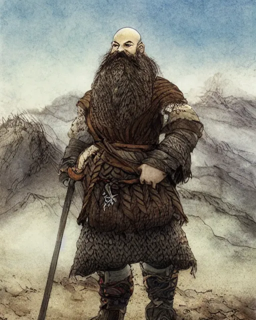 Prompt: a bald warrior male dwarf with long brown braided beard in a barren mountainous landscape, art by yoshitaka amano