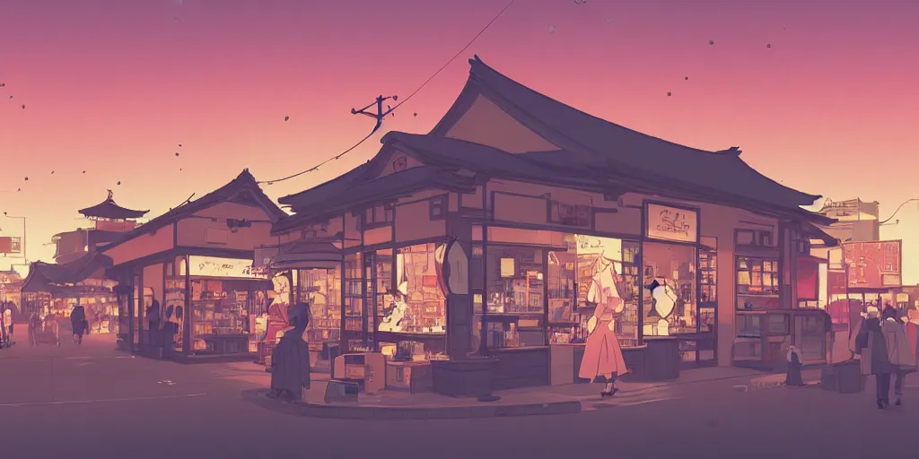 Prompt: beautiful illustration of a small shop window in kyoto on a beautiful sunset, anime manga style, aesthetic, cory loftis, james gilleard, atey ghailan, makoto shinkai, goro fujita, studio ghibli, makoto shinkai, view isometric