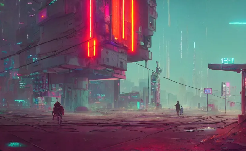 Image similar to an neon cyberpunk abandoned post-apocalyptic city with lonely robots wandering the streets, simon stålenhag, rendered by Beeple, by Makoto Shinkai, syd meade, starwars, space art concept, digital art, unreal engine, WLOP, trending on artstation, 4K UHD image, octane render,