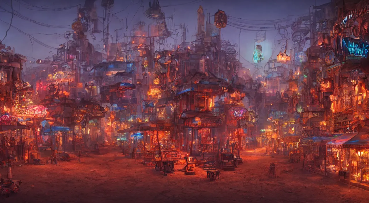 Image similar to a steampunk village in the desert, junk everywhere,neon lights, neon signs, magical atmosphere, mist, steam, photo realistic, 35mm, Matte painting, octane render, 8k, corona render, movie concept art by guido borelli da caluso