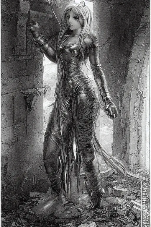 Image similar to hungarian slavic mughal anime cyber magical girl by gustave dore, full - body scifi character in abandoned workshop ruins environment