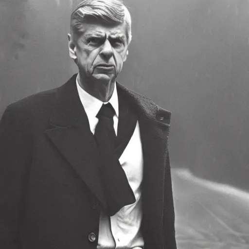 Image similar to arsene wenger as a 1 9 4 0 s gangster, noir, fog, serious, extreme detail, realistic, rain, atmospheric, cigarette in mouth, movie still, studio light 4 k