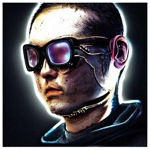Prompt: Male cyborg, battle-damaged, wearing facemask and sunglasses, youthful face, QR code tattoo, backlit by neon, headshot, cyberpunk, wires, cables, lenses, gadgets, Digital art, detailed, anime, artist Katsuhiro Otomo