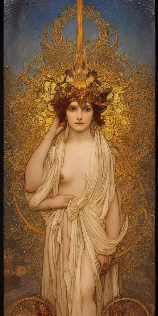 Image similar to portrait burning saint woman, venus, athena, halo, queen, by alphons mucha and annie swynnerton and jean delville, strong dramatic cinematic lighting, ornate headdress, flowing robes, spines, flowers, stars, lost civilizations, smooth, sharp focus, extremely detailed, marble, gold, space