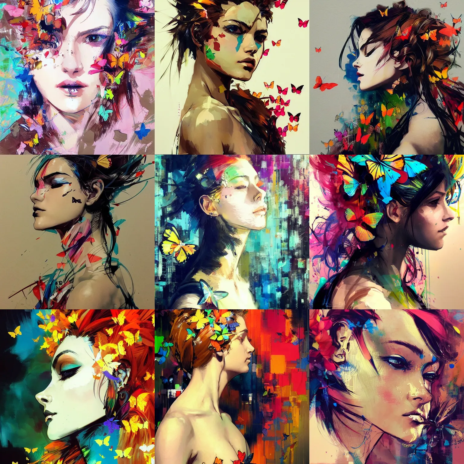 Prompt: a beautiful side portrait painting of a woman. colorful butterflies emerge from her hair, covering almost all of her head. art by yoji shinkawa and sandra chevrier, trending on artstation, award - winning, perfect composition.