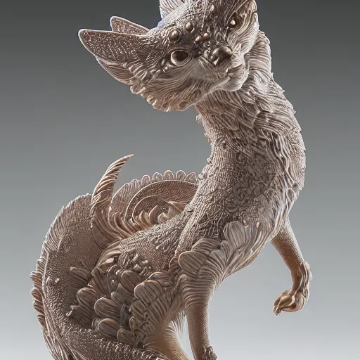 Image similar to a photo - real delicate ceramic porcelain sculpture of an ornate detailed kitsune in front of a intricate background by victo ngai and takato yamamoto, micro detail, backlit lighting, subsurface scattering, translucent, thin porcelain, octane renderer, colorful, physically based rendering, japanese pottery, trending on cgsociety