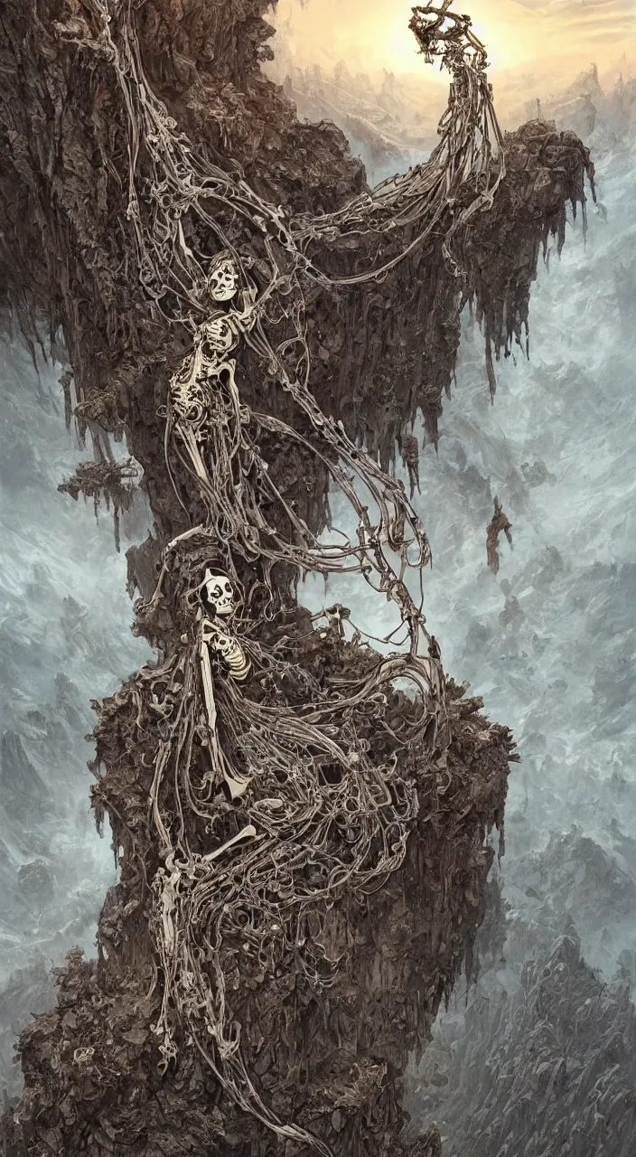 Prompt: skeleton as a heroine, intricate, elegant, hanging from the side of a cliff overlooking the end of the world covered in old technology and lost dreams, highly detailed, centered, digital painting, artstation, concept art, smooth, sharp focus, illustration, art by artgerm and donato giancola and Joseph Christian Leyendecker, Ross Tran, WLOP ❤️‍🔥 🔥 💀 🤖 🚀