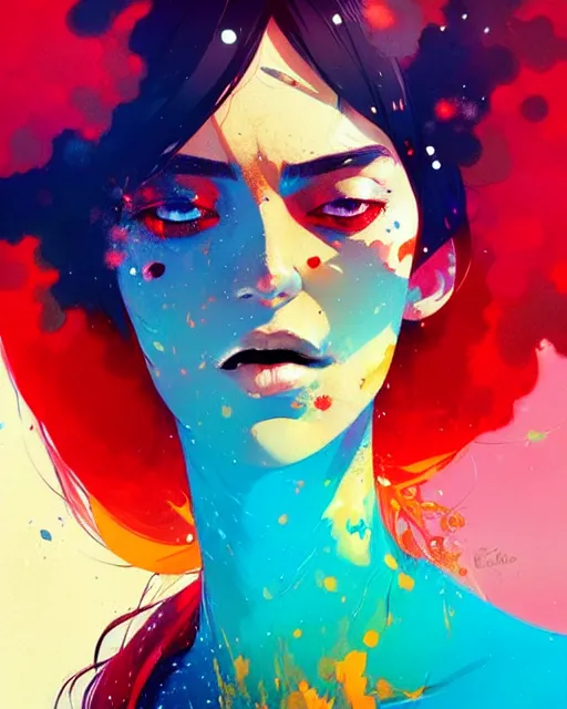 Image similar to a ultradetailed beautiful panting of a woman with a colorful explosion coming out of her hands, by conrad roset, greg rutkowski and makoto shinkai, trending on artstation