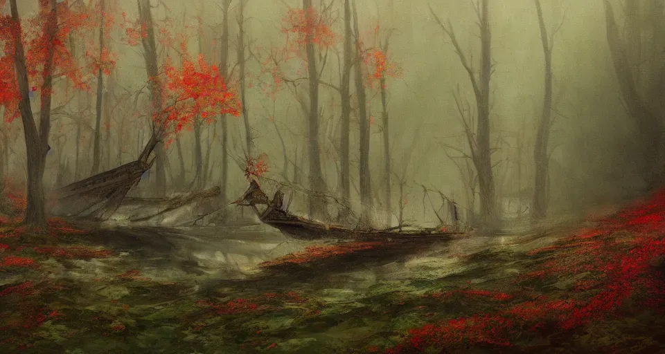 Image similar to an old broken sailing ship in an autumn forest, green and red tones, by Aron Wiesenfeld and beksincki, cinematic, detailed illustration, nature, fog, dark colors, suspense, intricate, 8k