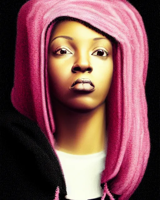 Prompt: photo-realistic portrait of a young black woman with pink hair, wearing a black hoodie, intricate details, cyberpunk, super-flat, in the style of Jean Auguste Dominique Ingres, black background