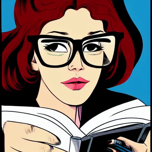 Prompt: a beautiful woman wearing glasses reading a book, cel shaded art by josan gonzalez and jamie hewlett and magali villanueve