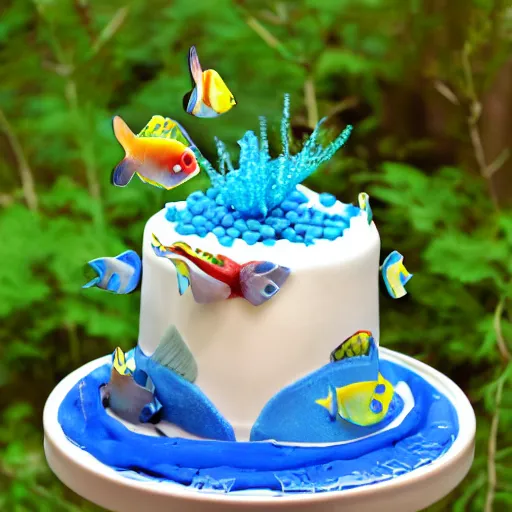 Prompt: fish themed birthday cake, food photography, michelin star,