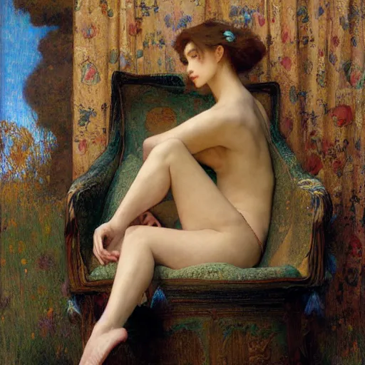 Image similar to paint me like one of your french girls, by Edgar Maxence and Ross Tran and Michael Whelan and Gustav Klimpt