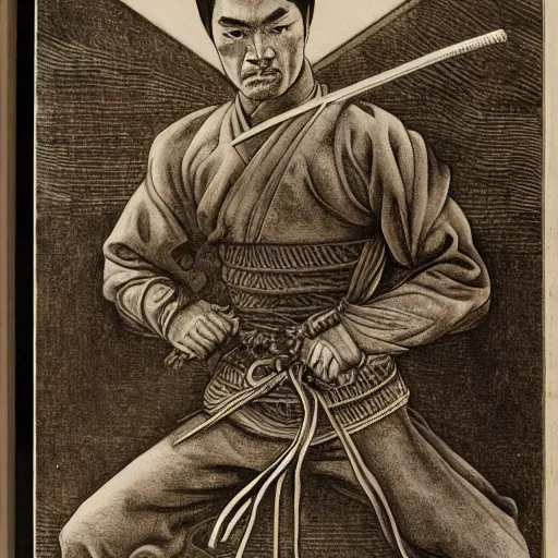 Prompt: engraving portrait of bruce lee in samurai outfit by albrecht durer