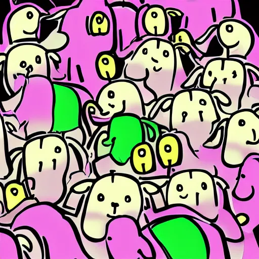 Image similar to the cult of lamb, colorful, cartoon, dark, cute