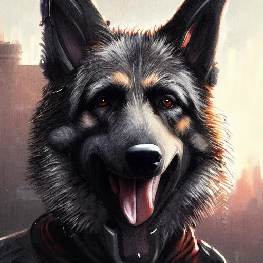 Prompt: new york city portrait of furry anthro anthropomorphic german shepard head animal person fursona wearing clothes strange cybernetic muzzle dystopian gloomy rainy cyberpunk digital art by Greg Rutkowski, Simon Stalenhag, trending on Artstation, CGSociety