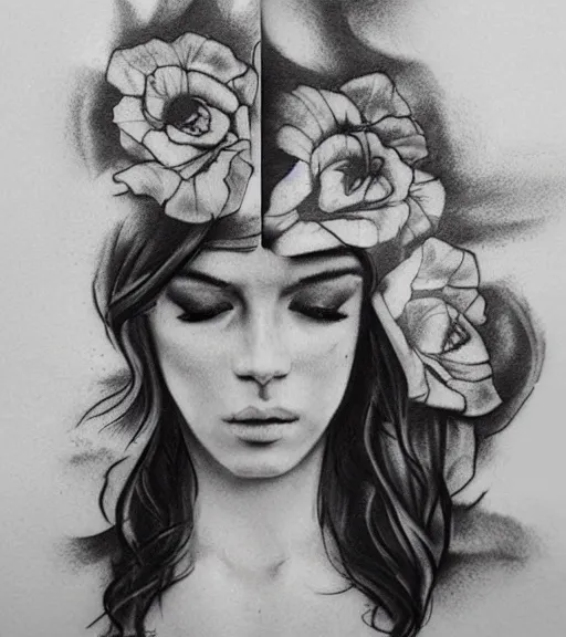 Image similar to tattoo design sketch of a beautiful woman face with a realistic mountain scenery on her side, hyper - realistic, double exposure effect, in the style of matteo pasqualin, amazing detail, black and white, faded