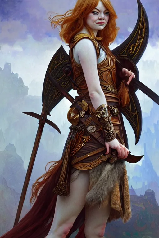 Image similar to Emma Stone as an Viking warrior angel, fantasy, intricate, elegant, highly detailed, digital painting, artstation, concept art, smooth, sharp focus, illustration, art by alphonse mucha