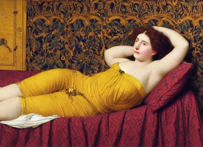 Image similar to portrait of lady reclining on bed, wearing yellow ochre ornate medieval dress, preraphaelite colour photography by frederic leighton, william morris, 8 k