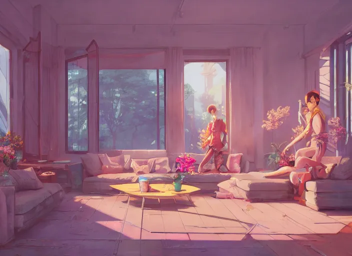 Image similar to inside a living room with flowers, thin contur lines, unreal engine, fantasy art by greg, loish, rhads, ferdinand knab, tom bagshaw, makoto shinkai and lois van baarle, rossdraws, ilya kuvshinov, night lighting, trending on studio ghibli, highly detailed, 8 k, octane render