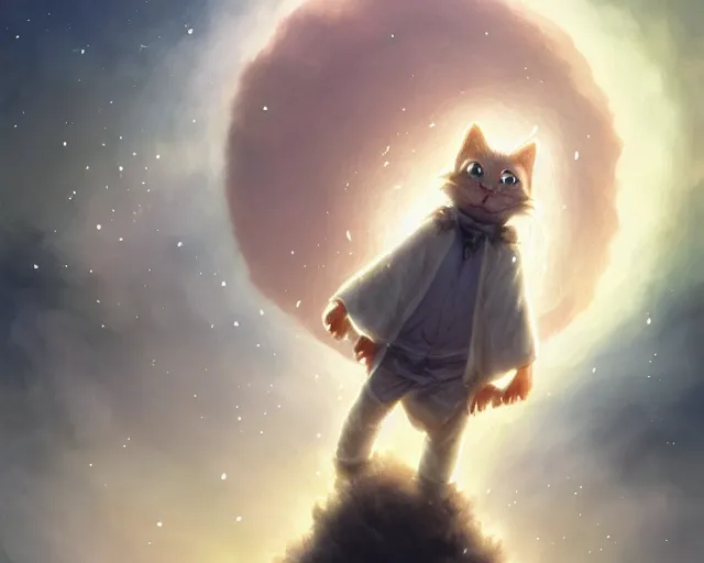 Image similar to one cartoonish kitty dressed as Gandalf floating alone in space, bright stars, anime, a fantasy digital painting by Greg Rutkowski and James Gurney, trending on Artstation, highly detailed