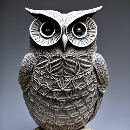 Prompt: symmetrical detailed sculpture of an owl, made of Lead