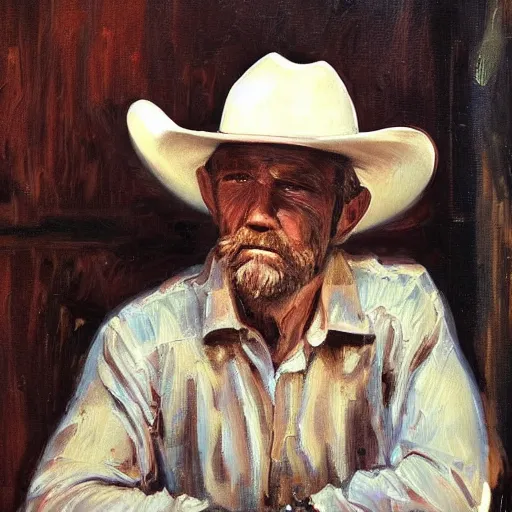 Prompt: modern stylized oil painting portrait wrinkled and rugged cowboy at table in western saloon, 1890, very very very very very very very beautiful masterpiece, realistic and detailed, artstation, interesting artificial spotlight lightning, cinematic, dramatic