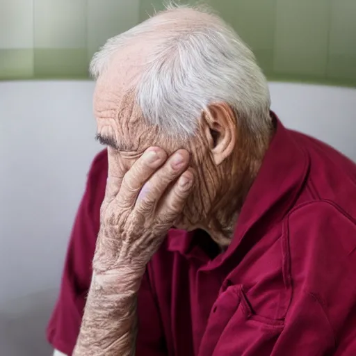 Prompt: An old male patient at the Veterans Affairs Hospital waits for his appointment, he sits in a chair, frustrated, eyes closed, head down, wearing a baseball cap that is tilted down and covering most of his face, photograph