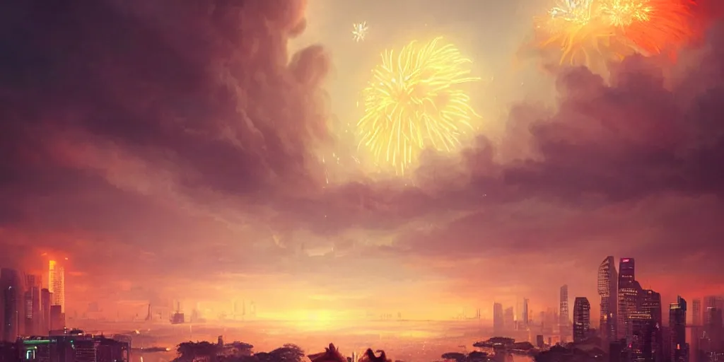 Image similar to Singapore city with a lion-shaped!!!!! cloud in the sky and fireworks in the sky, by greg rutkowski, red and white lighting, digital art, ultra realistic, ultra detailed, photorealistic, 4k, character concept