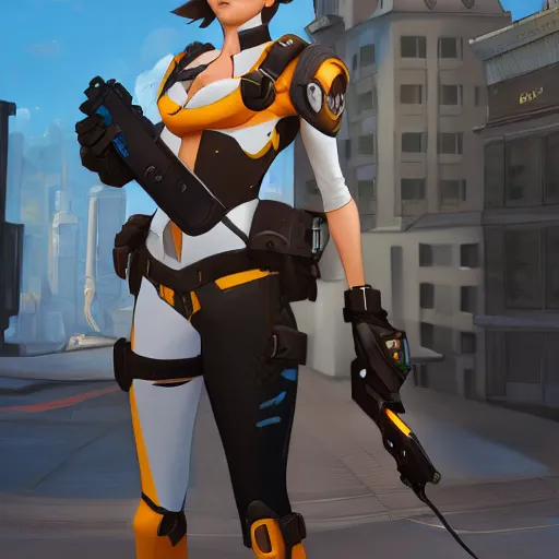 Prompt: digital painting of tracer overwatch wearing leather collar, standing in city area, 4 k, realistic,