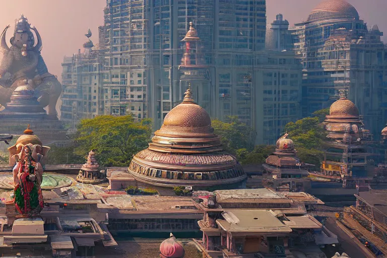 Image similar to beautiful futuristic new delhi, sharp sci - fi ganesha!! building, kalighat flowers, octane highly detailed cinematic, stephen shore & john j. park, soft morning light, wide shot, aerial shot, uhd 8 k, shallow depth of field