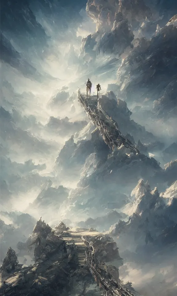 Image similar to endless stairs to universe, sky full of clouds, art by greg rutkowski and peter mohrbacher, featured in artstation, octane render, cinematic, elegant, intricate, ultra detailed, rule of thirds, professional lighting, unreal engine, fantasy, concept art, sharp focus, illustration, 8 k