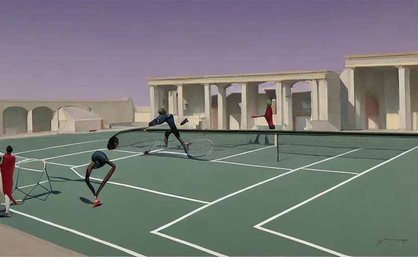 Prompt: Inside a greek tennis court, very coherent, painted by Edward Hopper, Wayne Barlowe, painted by James Gilleard, airbrush, art by JamesJean