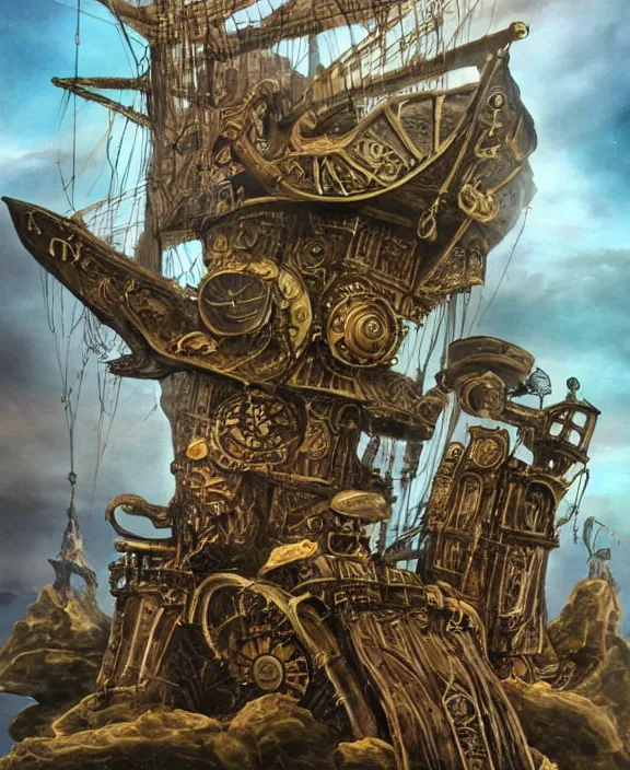 Prompt: an epic fantasy concept of a steampunk davy jones on the flying dutchman