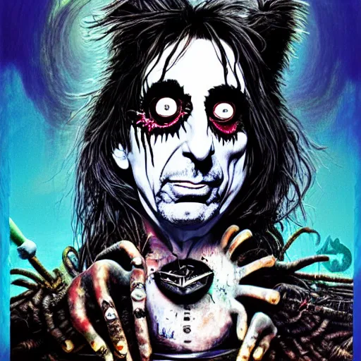 Image similar to graphic illustration, creative design, alice cooper in alice in wonderland, biopunk, francis bacon, highly detailed, hunter s thompson, concept art