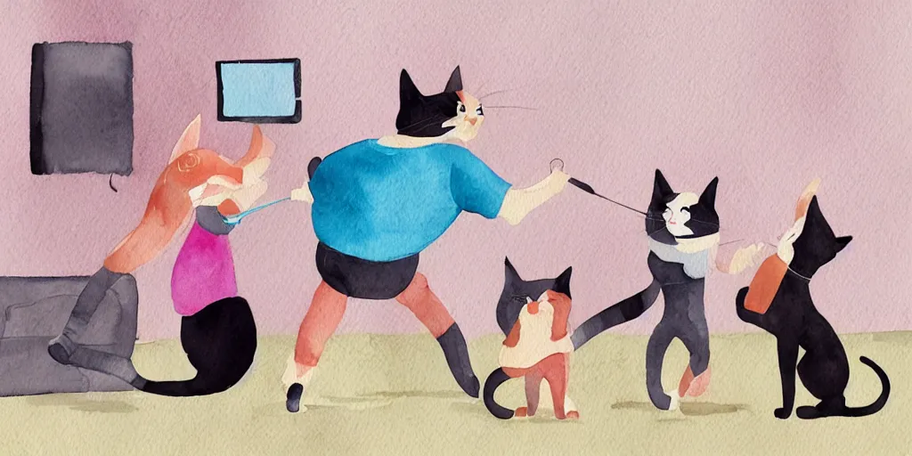 Image similar to watercolor illustration style, cute cat trainer training other cats in the fitness studio environment