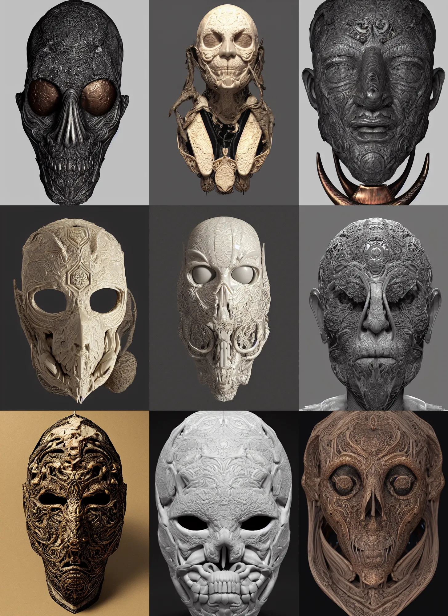 Prompt: intricate death mask carved from ivory and black resin and copper, elaborate highly detailed design, octane render, substance painter materials, unreal engine 5 nanite, 8 k, cgsociety, artstation