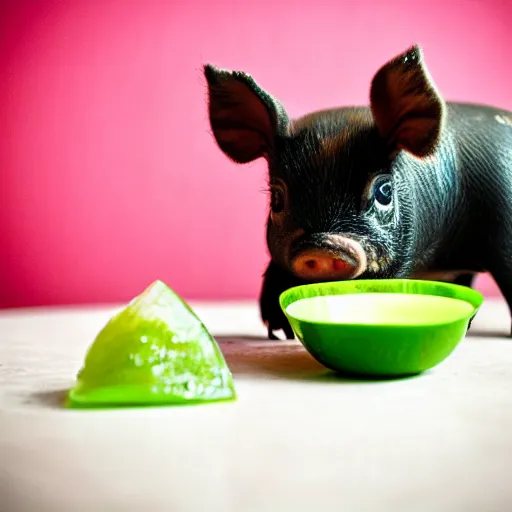 Prompt: teacup pig eating lime jello, award-winning photography