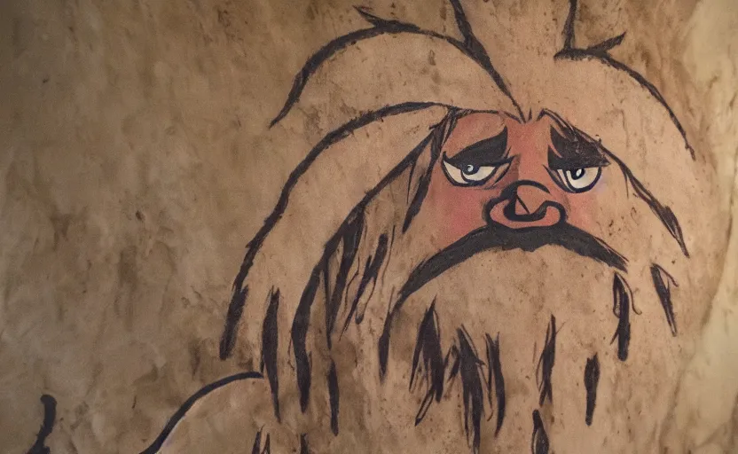 Prompt: cave painting of gritty the mascot, imax