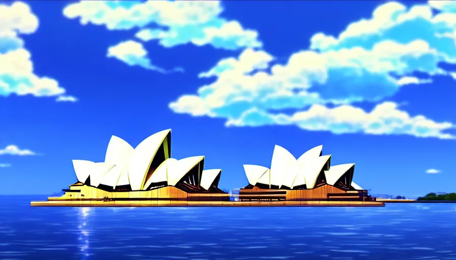 Image similar to scenic view of sydney opera house, in the style of makoto shinkai, sunny, blue skies, soft clouds, anime, 4 k, detailed