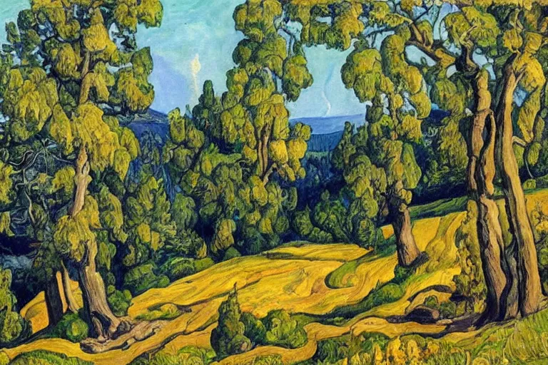 Image similar to masterpiece painting of oak trees on a hillside overlooking a creek, dramatic lighting, by arthur lismer