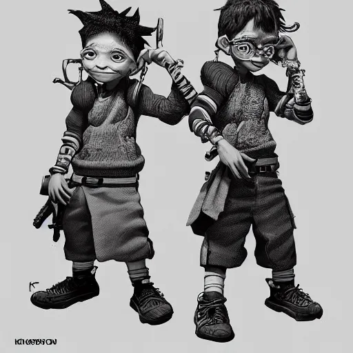 Image similar to rpg character concept art, twin brothers being cute and gangsta, intricate detail, in the style of jamie hewlett kawase hasui riyoko ikeda, 3 d render, artstation trending, 8 k, octane render, photorealistic, sharp detail, manga, black and white