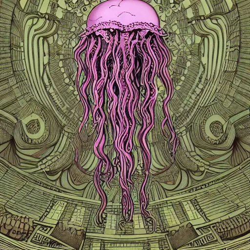 Prompt: hyperdetailed childrenbook illustration of an elaborate maximalist pinkish elegant voluptuous jellyfish, in the style of ernst haekel, with cyberpunk details. seen from the distance. hd matte background