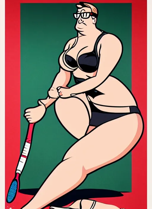 Prompt: a pin - up poster of peter griffin in the style of hajime sorayama, seductively playing tennis in a swimsuit