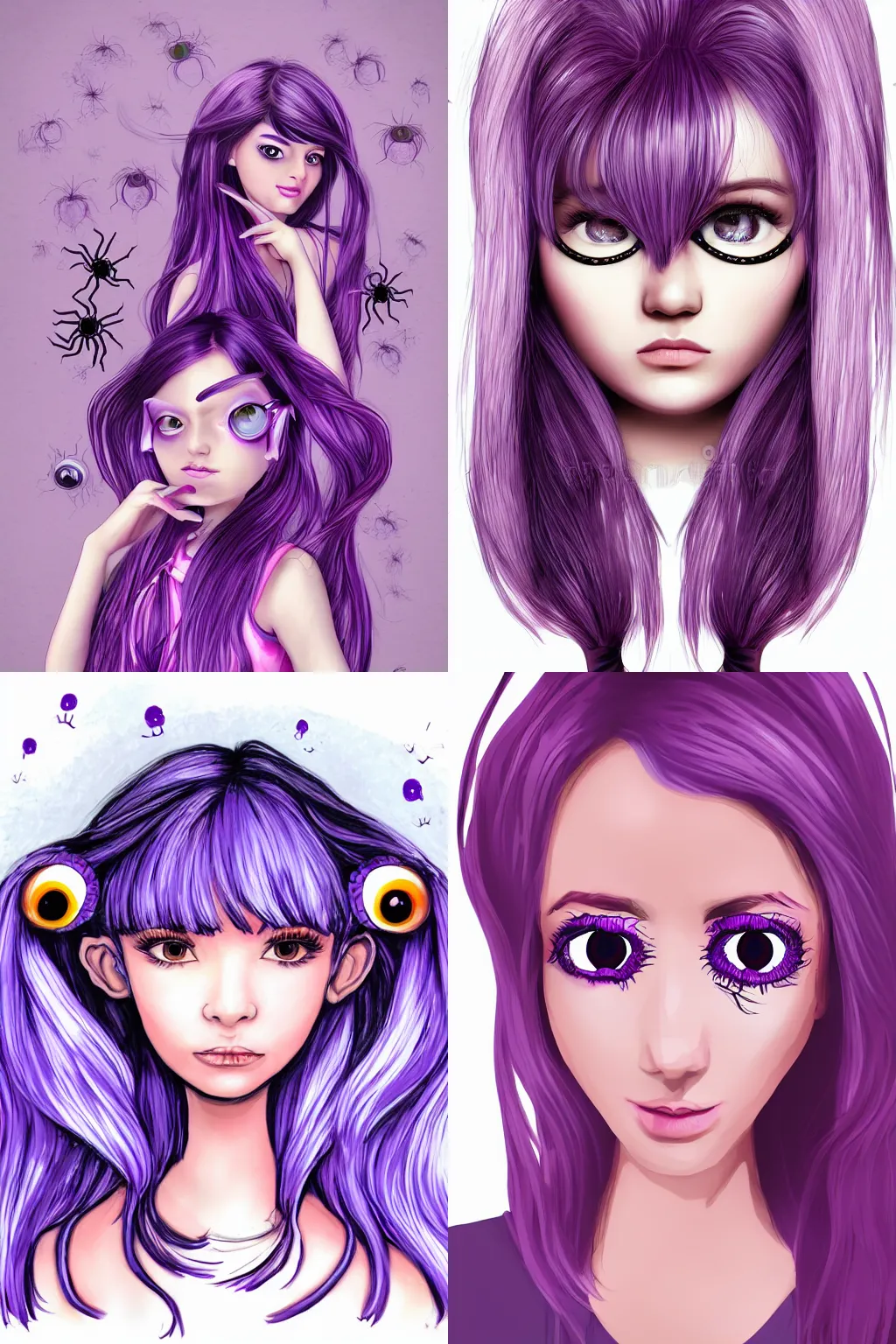 Prompt: Purple cute beautiful woman with 5 spider eyes and side pigtails, amazing illustration art portrait