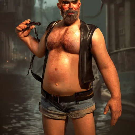 Image similar to 3 5 mm photo of a hairy chested popeye the sailor man wearing leather gear in the style of tom of finland, full body, ultra high detailed, glowing lights, oil painting, unreal 5, daz, hyperrealistic, octane render, rpg portrait, dynamic lighting, fantasy art, beautiful face