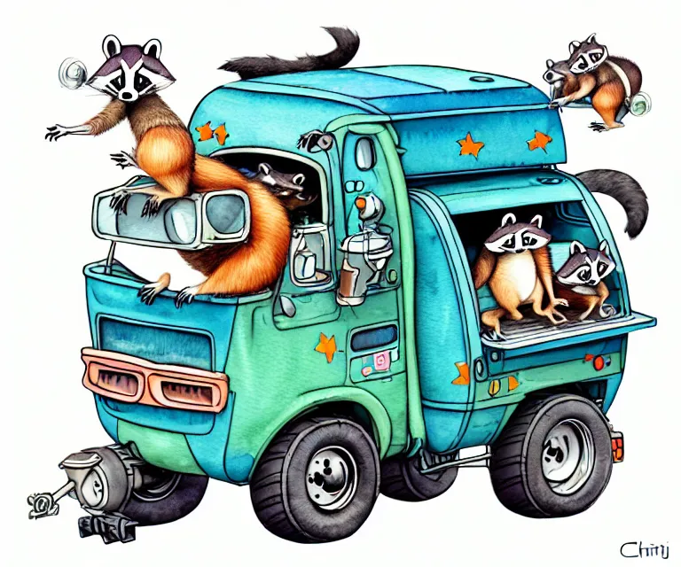 Image similar to cute and funny, racoon riding in a tiny garbage truck, ratfink style by ed roth, centered award winning watercolor pen illustration, isometric illustration by chihiro iwasaki, edited by range murata, tiny details by artgerm and watercolor girl, symmetrically isometrically centered, sharply focused