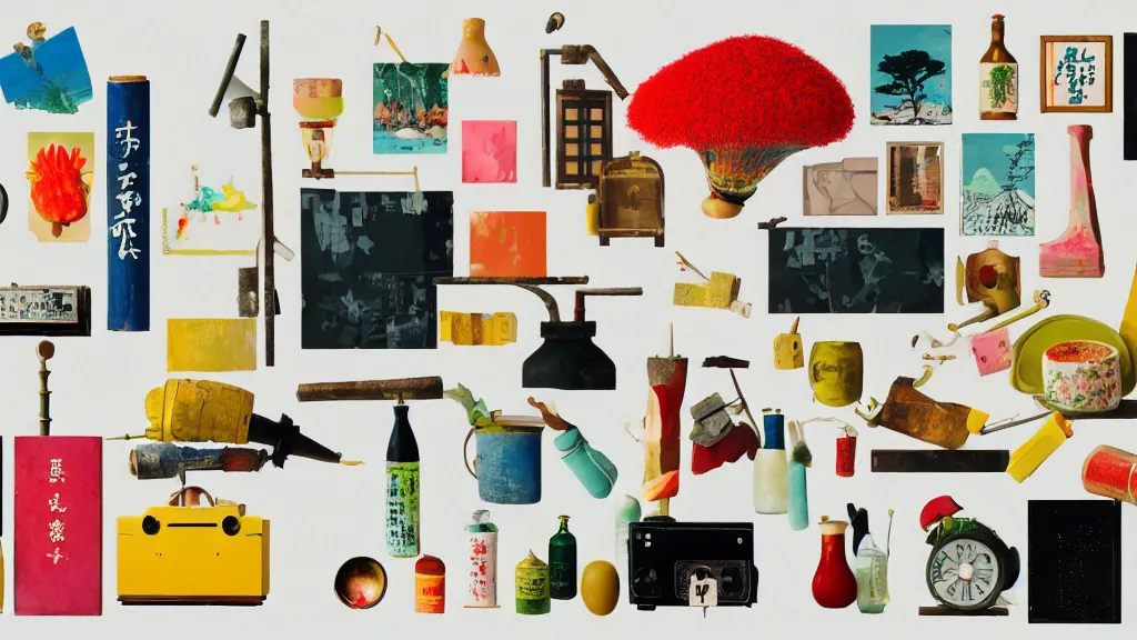 Prompt: an arrangement of gourmet traveller props, japan, a collage painting, in the style of wes anderson, lola dupre, david hockney, isolated on negative white space background dark monochrome neon spraypaint accents volumetric octane render