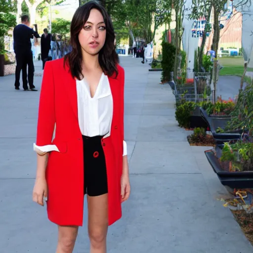 Prompt: aubrey plaza standing in a plaza